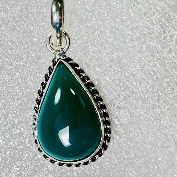 Vtg Green Onyx 925 Silver Pendant Silver-tone Textured Choker Torque Necklace - Picture 2 of 8